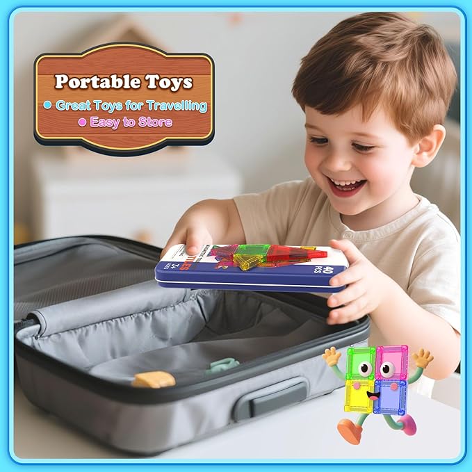 Mini Magnetic Tiles with Iron Box, 40 PCS Travel Magnetic Tiles, STEM Educational Building Set Construction Toys for Kids Ages 3+, Portable Building Toys for Toddlers, Boys & Girls Birthday Gift
