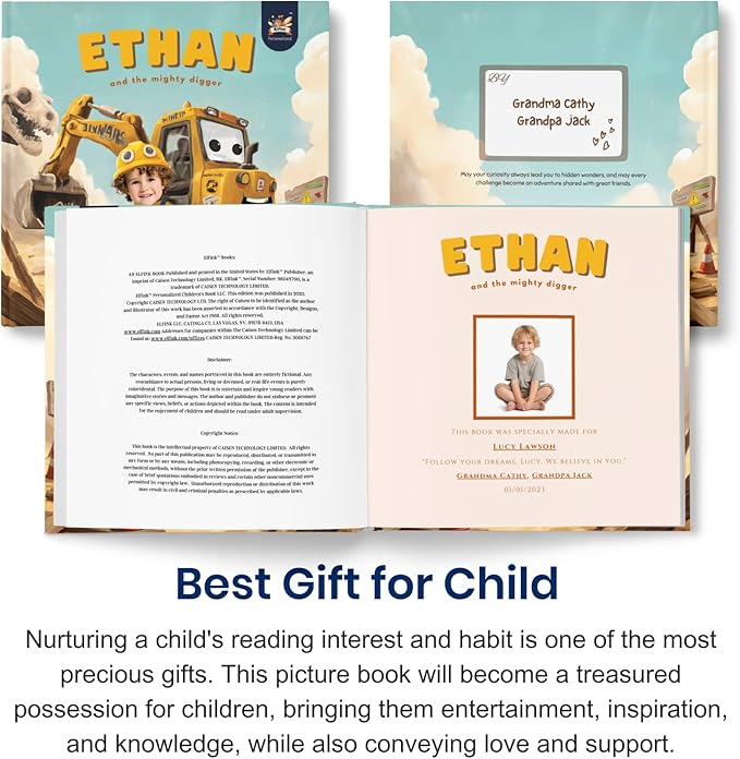 ELFINK Personalized Children Story Books - The Mighty Digger & Dinosaur Discovery - Customized Name & Photo - Baby Gifts - Children Bedtime Story (Soft Cover)