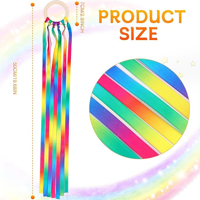 Sumind 6 Pcs Rainbow Ribbon Hand Kites Wands for Kids Dancer Streamer String Toy Thrown Waldorf Wand with Wooden Ring Wand Learning Educational(Warm Colors)