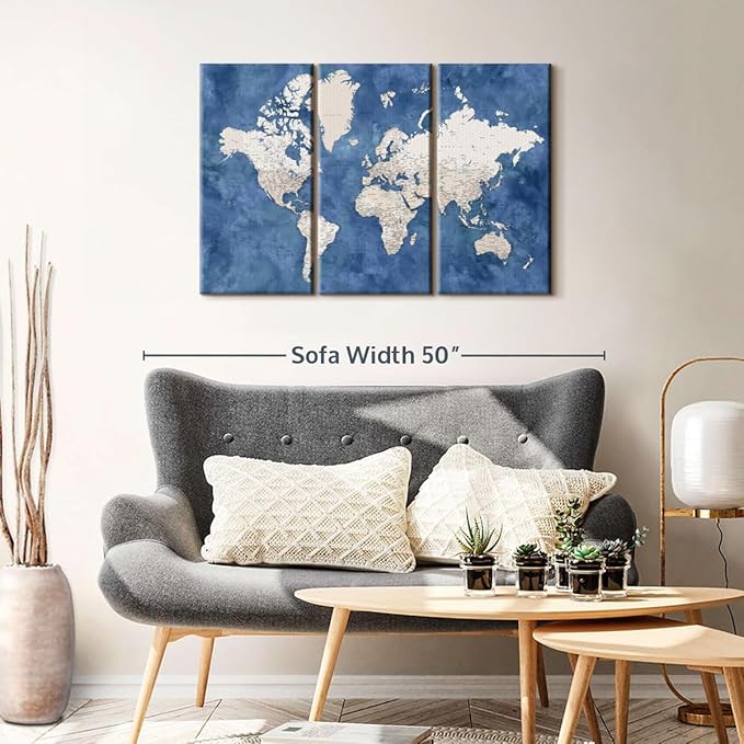 ElephantStock Detailed World Map With Cities I Wall Art - Horizontal Canvas - 3-Piece Living Room Decor - Watercolor Map Canvas Print - Beige and Blue Wall Decor by Blursbyai - 38" X 24"