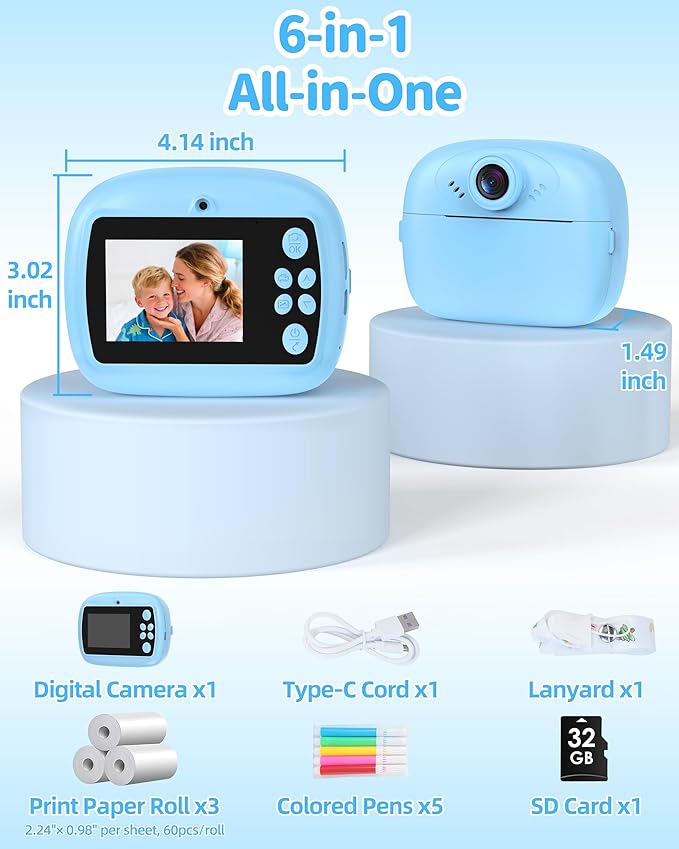 Kids Instant Print Camera,1080P Video Instant Digital Camera for Kids, Christmas Birthday Gift for Girls and Boys Age 3 4 5 6 7 8 9 10, Toy Camera with 32GB SD Card,Christmas Stocking Stuffers,Blue