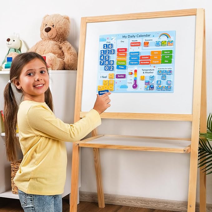 Simply magic 58 PCS Kids Calendar - My First Daily Magnetic Calendar with Weather and Feelings, Days of The Week, All About Today Board – Preschool Learning Chart for Wall or Fridge, Circle Time