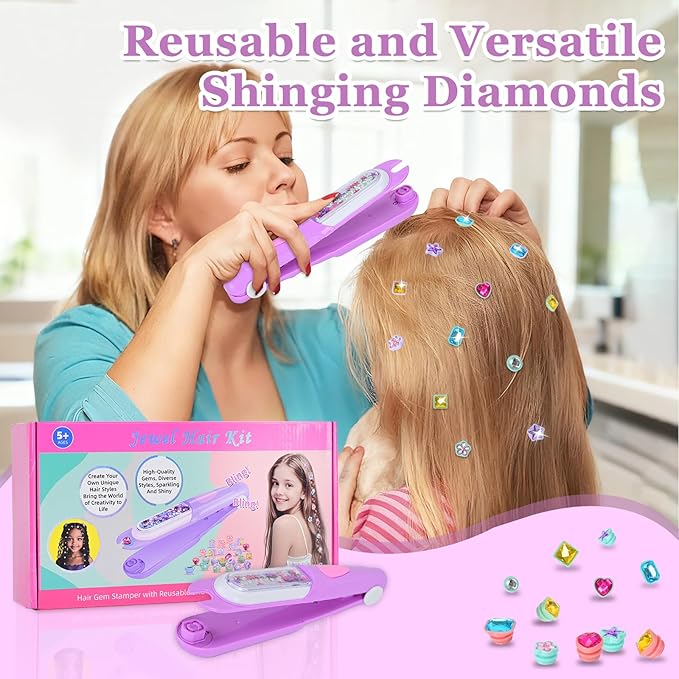 Hair Gem Stamper Kit,Bling Hair Jewels for Girls, Hair Styling Tool with Reusable Shining Diamonds, Christmas Birthday Arts & Crafts Gift for 5-12 Year Old Girl (Purple)