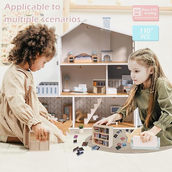 1:12 Scale Dollhouse Bookshelf Set - 2 Mini Wooden Bookshelves, 100+ Blank Mini Books & Art Studio Accessories for Creative Educational Gift for Kids, Collectors (Dollhouse Furniture & Accessories)