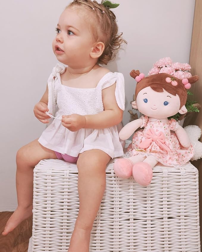 LeyaDoll Personalized Soft Baby Doll Toys for Girls (16''), My First Birthday Gift, Christmas Dolls, Leya Doll Baby Rag Doll Plush Toys for Toddler Kids Infants -Cherry Girl Light