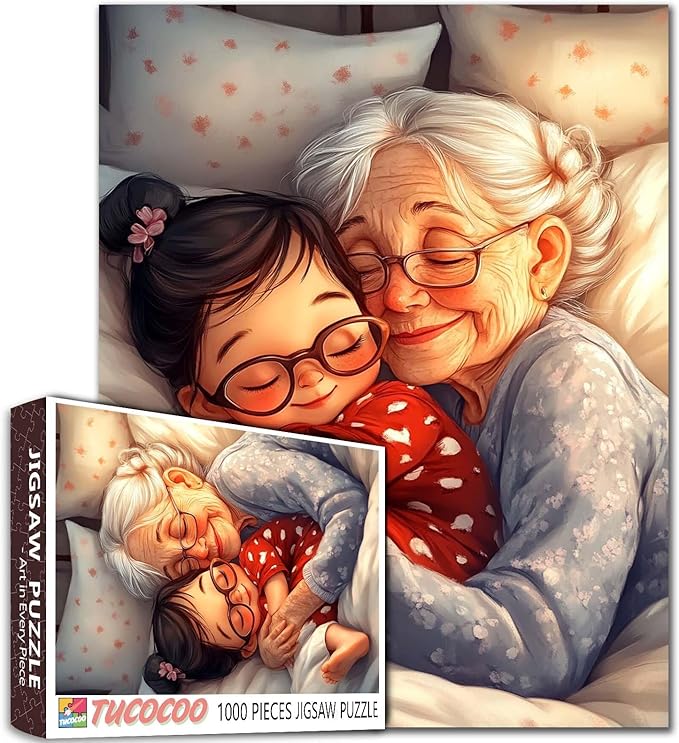 Cute Girl Sleeping with Grandmother 1000 Piece Jigsaw Puzzle for Adults Students Warm Oil Painting Cozy Home Decor Puzzles 20×27 Inches Family Fun Relaxing Game Gift for Women Men Teens Room Art