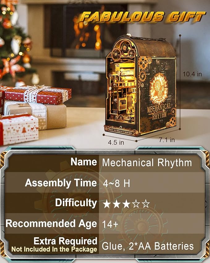 Book Nook Kit Mechanical Rhythm, DIY Booknooks Kit for Adults with Sensor Lights, Bookshelf Diorama Miniature Scenes Insert Decor, 3D Puzzle Miniature House Kit Gift for Men Teens Family