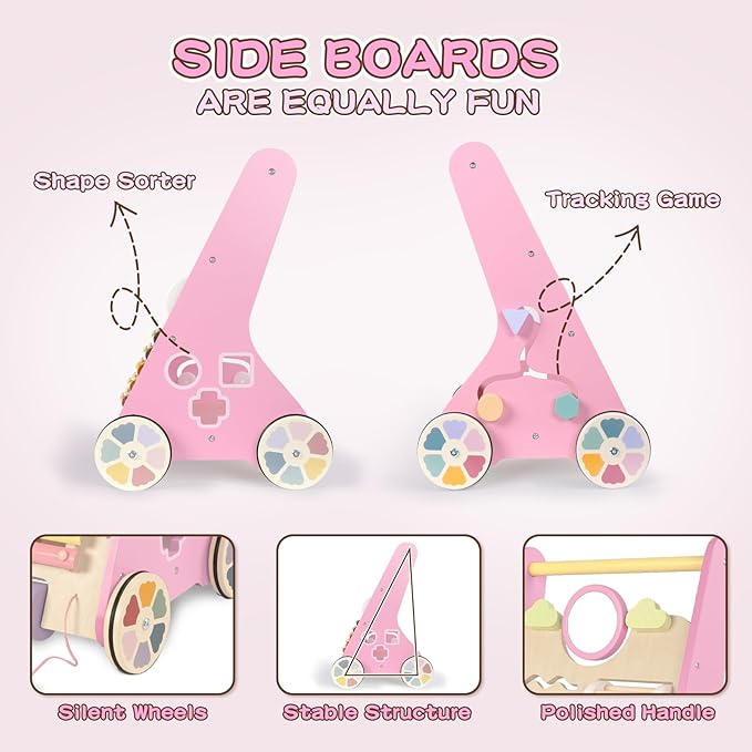 LOL-FUN Wooden Baby Walker for Girls with Wheels, Push Walker for Girl 6-12 Months, Pink Baby Push Toy for 1 Year Old Walking