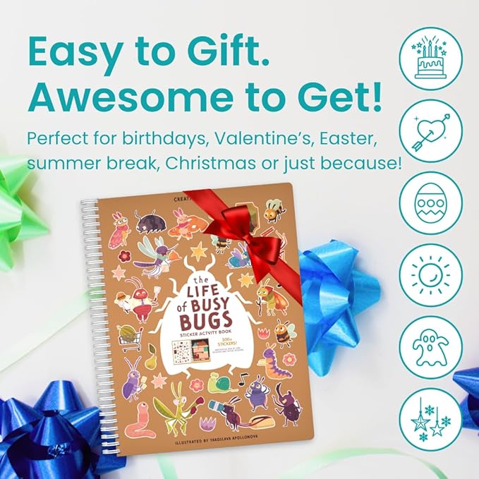 CUPKIN The Life of Busy Bugs Stickers, Toddler Sticker Book for Kids, Fun Bugs Toy, Toddler Road Trip Essentials, 300+ Girly Stickers + 8 Sticker Scenes and Coloring Pages, Bugs Stickers Ages 2+