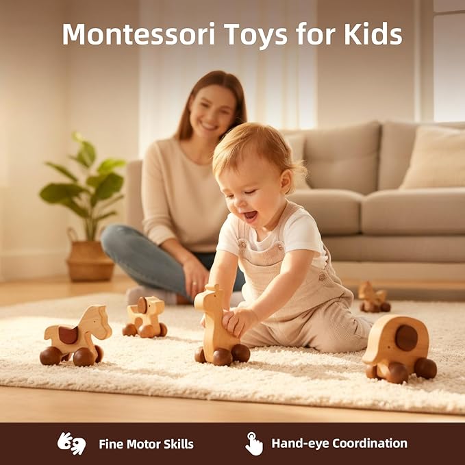 Wooden Push Car Toy Set – 4PCS Montessori Wooden Cars for Kids Age 3+ | Push & Pull Animal Toy Cars (Puppy, Elephant, Pony, Giraffe) | Safe Wooden Baby Toys Gift