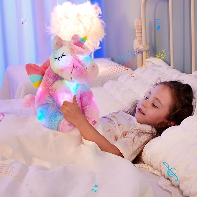 Athoinsu Rainbow Musical Light up Unicorn Stuffed Animal Soft Furry Plush Toy with LED Night Lights Children's Day Birthday Valentine's Day Gifts for Kids Toddler Girls,12''