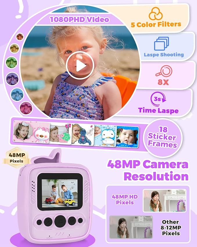 Kids Camera Instant Print, Christmas Birthday Gifts for Gils Age 3-8, 48MP &1080P Children Camera with Silicone Cover, Portable Toy Instant Camera for Kids 3 4 5 6 7 8 9 10 Year Old Girls