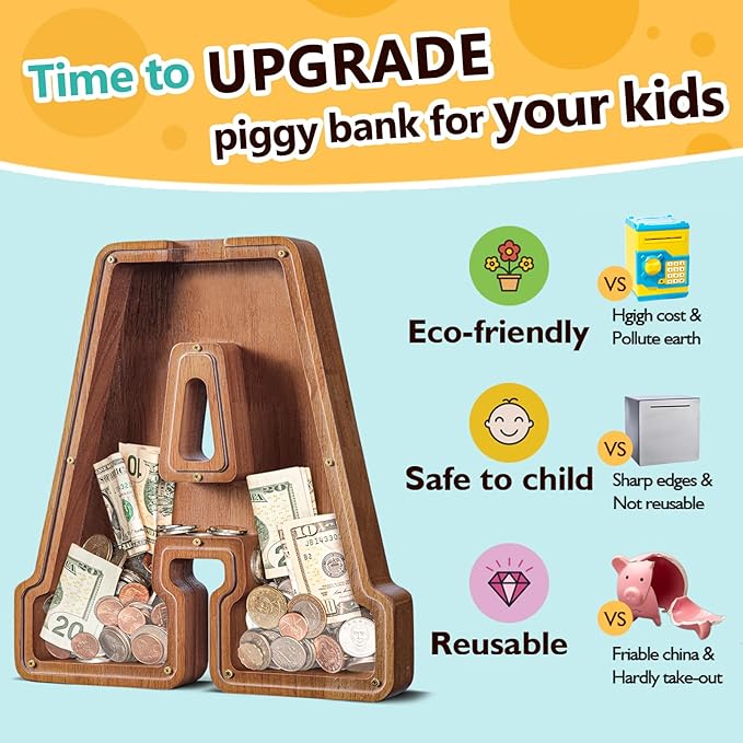 Summidate Large Wooden Piggy Bank for Kids Adults, Alphabets Letter A-Z Piggy Bank for Boys Girls, Coins Bills Change Bank Box Personalized Initial Name Kids Money Bank for Birthday Present and Decor