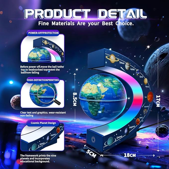 Magnetic Levitating Floating Globe with LED Lights, Cool Gadgets C Frame Globe Lamp for Men Father Husbands Boys Girls and Kids, Nine planetary solar systems Cool Tech Gift