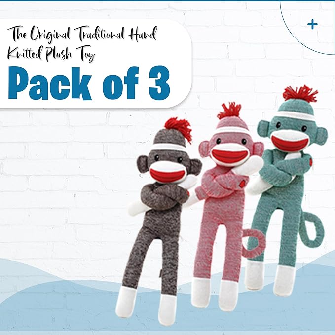 Adorable Sock Monkey Stuffed Animal - Pack of 3 - The Original Traditional Hand Knitted Plush Toy - Gift for Kids, Girls Boys Doll Present Puppet (20" Green, Pink, Brown)