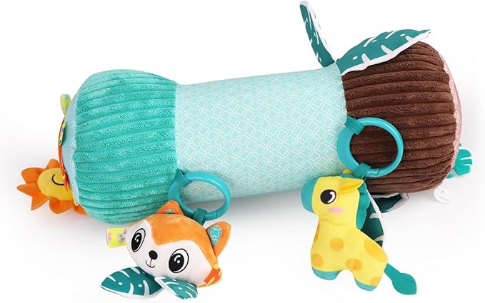 Inflatable Baby Tummy Time Toys Pillow for Newborn, Montessori Baby Sensory Toys Roller with Detachable Mirror, Squeaker, Teether & Rattle, Help with Early Development 3-6 Months (Fox)