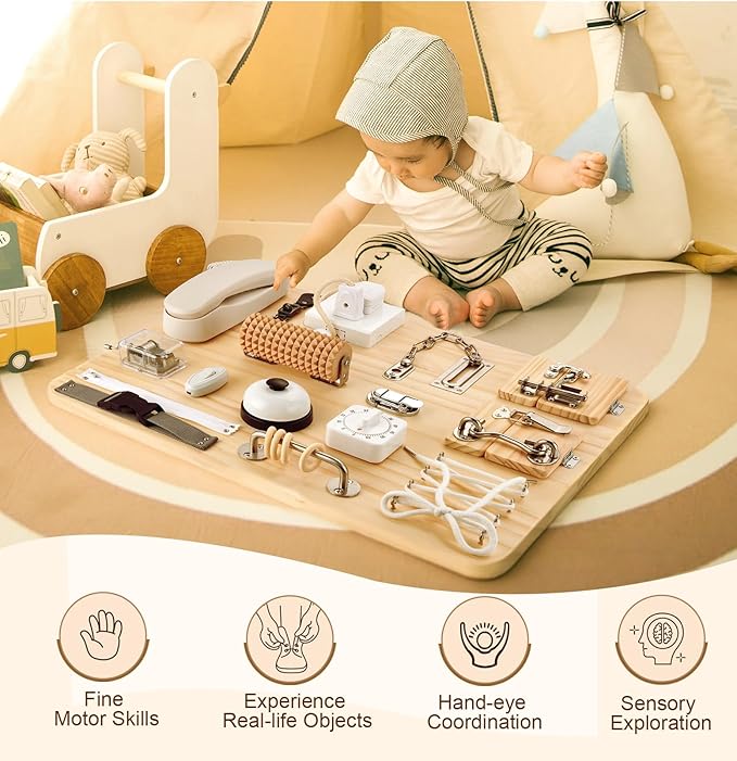 Potatomato Montessori Large Busy Board for Toddlers 1 2 3 4 Years Old - 21 in 1 Wooden Sensory Educational Toys -Fidget Toys for Autistic Children-Preschool Learning Activities Fine Motor Skills
