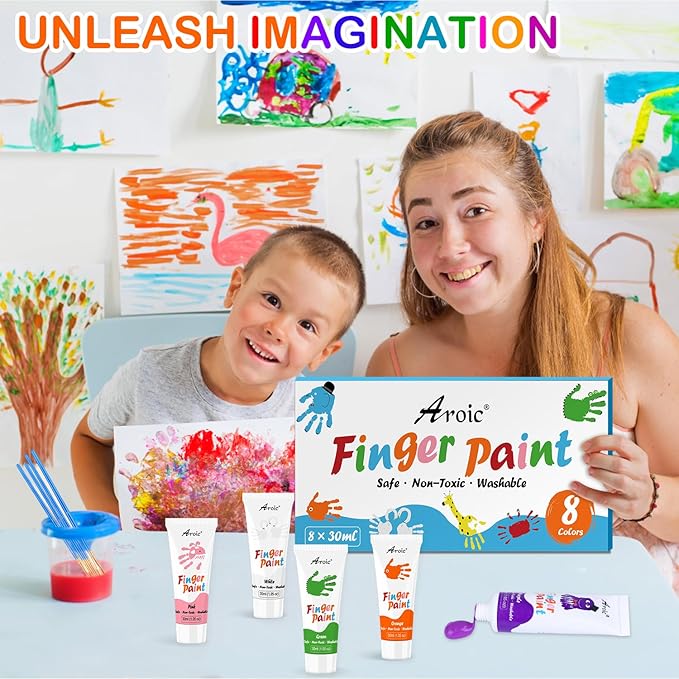 AROIC 8PCS Washable Finger Paint for Kids, Non-Toxic Finger Paints 8Colors, Art Supplies for Toddlers, Painting Supplies for Kids Boys Girls Gifts, Hand Paint DIY Crafts