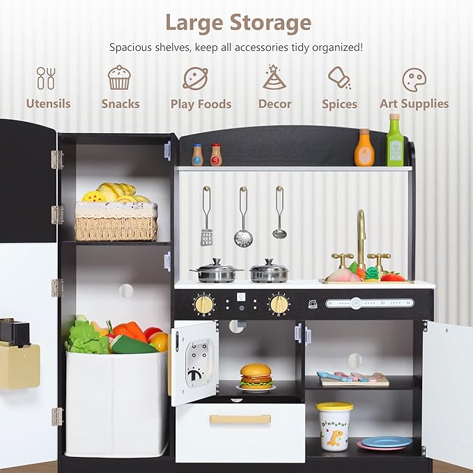 Kinder King Wooden Kids Play Kitchen, Toy Kitchen Playset for Toddler, Play Kitchen Set w/Blackboard, Transparent Coloring Board, Pretend Dishwasher, Oven, Ice Maker, Gift for Boys Girls Age 3+, Black