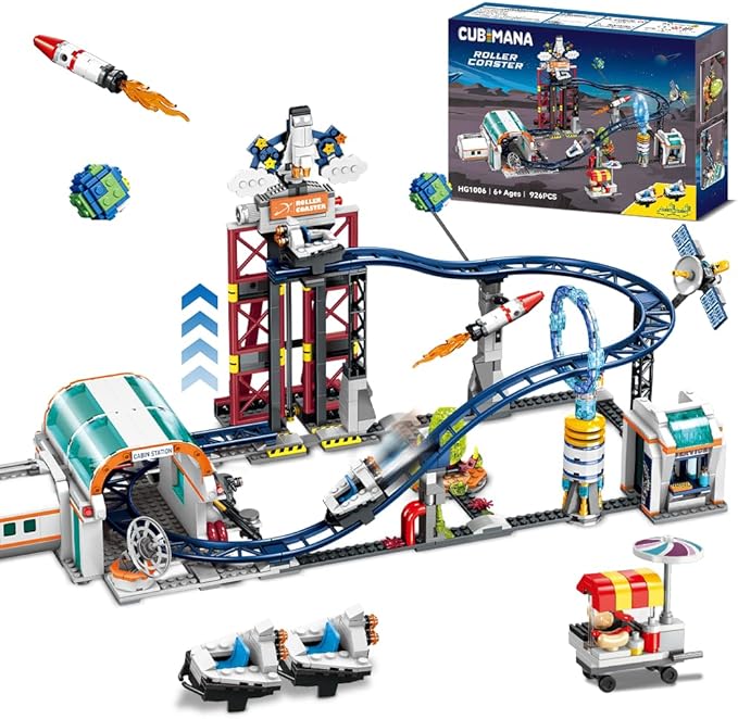 Space Roller Coaster Building Sets - Rollercoaster Building Toy with Rocket, Lift Platform, Satellitesr, Carriage, Food Cart, 926PCS Space Adventure Park for Adults Teens Kids Boys Ages 8-12