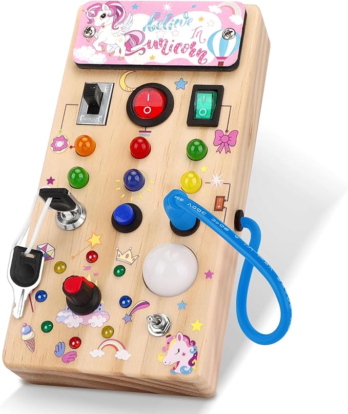 Unicorn Wooden Busy Board Sensory Toys with 8 LED Light switches,Christmas Travel Toys Montessori Toys for 1 Year Old Babies Toodler
