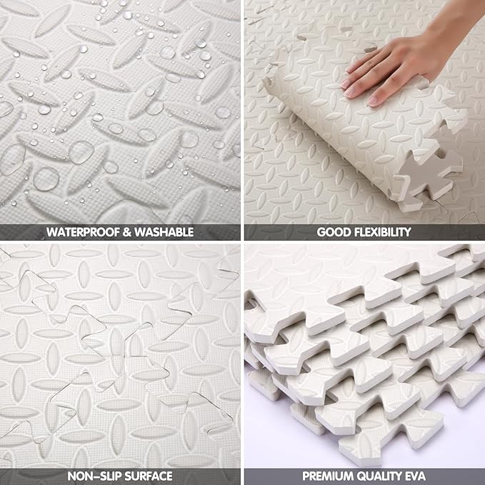 Coolcandy EVA Foam Play Mat, 16 Tiles Colorful Baby Play Mat, Square Kids Playmat with Solid Colored, 0.4" Thickened Interlocking Foam Floor Tiles, Puzzle Play Mat for Baby Crawling, Playing (White)