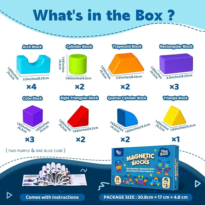 Magnetic Blocks, Large 1.65 inch Magnetic Cubes for Kids, 3D Multi-Shape Building Blocks, Preschool Educational Building Kit, Montessori Sensory Toys for Toddlers 3-5 (19pcs)