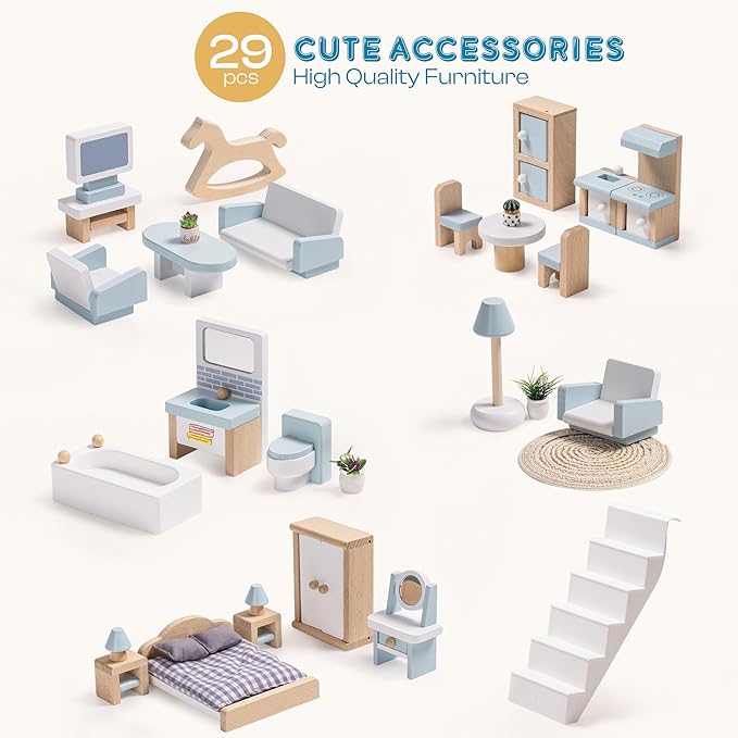 ROBOTIME Wooden Dollhouse, Wooden Doll House with 29 Pieces of Furniture, 6 Rooms Fits 4-6 Inch Dolls, Gift for Kids Ages 3+