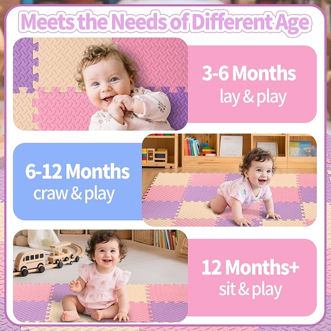 Foam Play Mat for Baby, 0.4 Inch Thicked Interlocking Floor Mats with Solid Colors, Soft Non-Toxic Squares Baby Play Mat, EVA Foam Puzzle Floor Mat for Toddler, 16 Tiles(Pink/Beige/Purple)