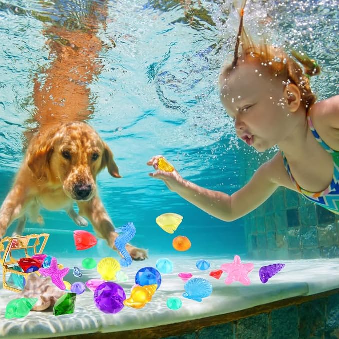 YUJUN 30 Pieces Colorful Diving Gem Pool Toys Big Diamond Ocean Animals Gem with Treasure Pirate Chest Box Summer Underwater Acrylic Gemstones Set for Kids Swimming Pool Party Favors