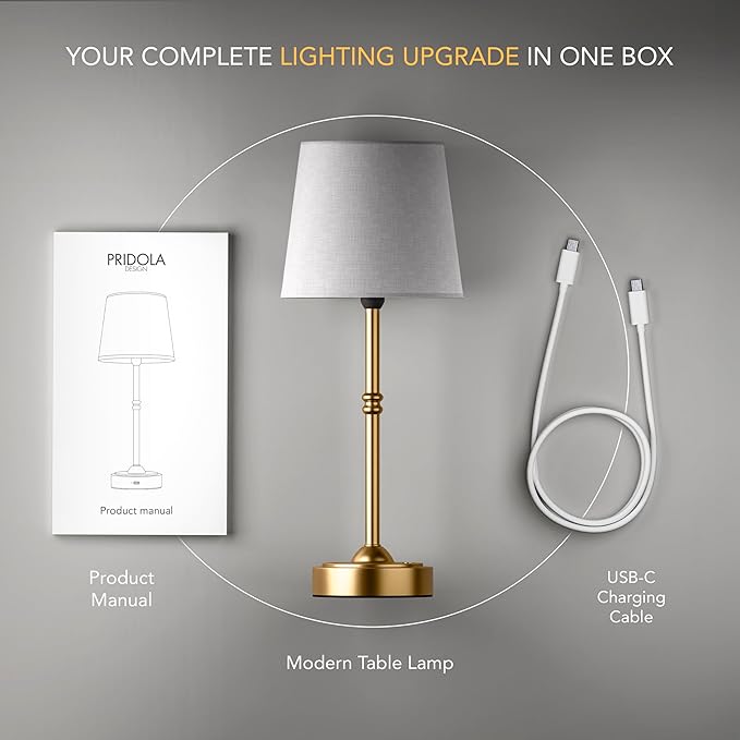 Wireless Table Lamp - Rechargeable LED Desk Lamp with Dimmer, 3 Brightness Levels, Swedish Design for Home, LED Light Bulb Included, for Office, Kitchen or Bedroom (Gold)