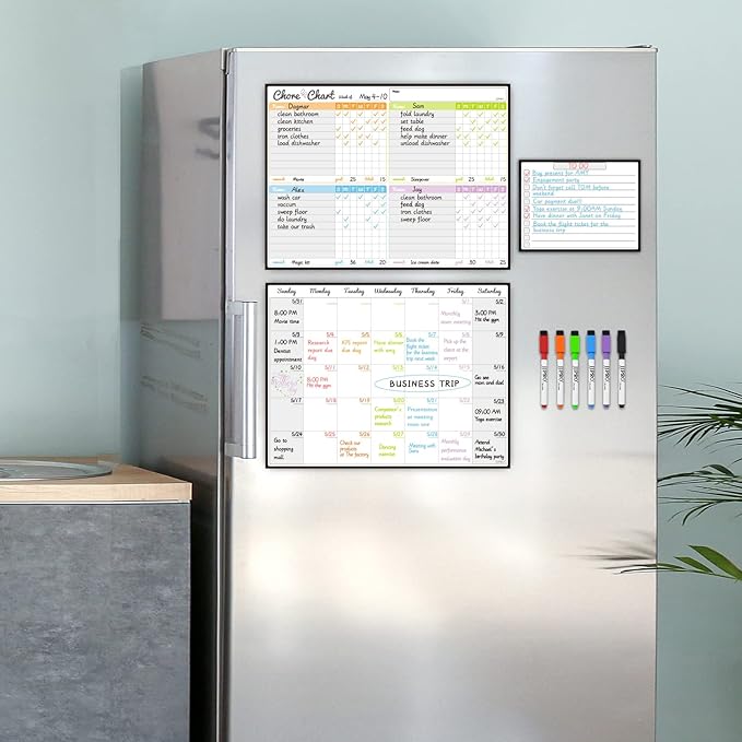 Magnetic Dry Erase Chore Chart and Calendar Bundle for Fridge - Chore Chart for Multiple Kids,Monthly Calendar,One Bonus to-do Whiteboard and 6 Extra Fine Tips Markers Included!