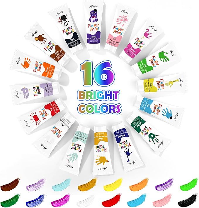 AROIC 16Colors Kids Washable Finger Paint, Non-Toxic, Art Painting Supplies for Toddlers, Finger Painting Supplies for Kids, Hand Paint Set DIY Crafts