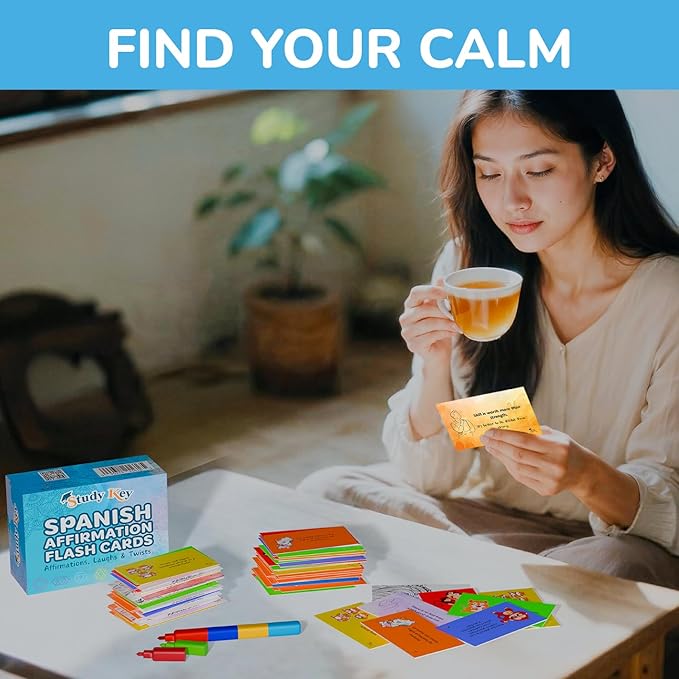 Spanish English Affirmation Motivational Cards for Women | Chakra Puzzles Coloring & Tongue Twisters Pharses Bilingual Flash Cards Learn Spanish and Heal