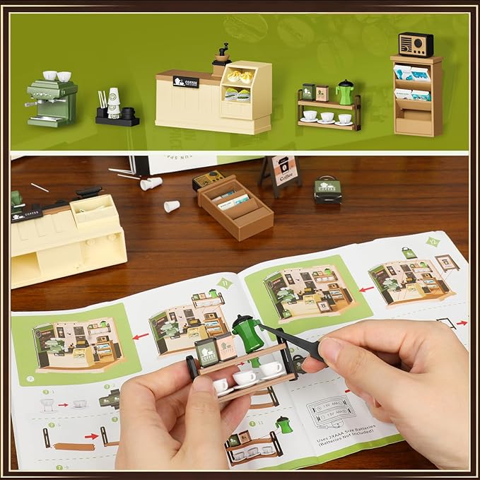 Coffee Shop Tiny House with LED Light Make It Miniature, DIY Miniature House Kit for Adults, Teens, and Beginners, Mini Dollhouse Kit with Home Decor Furniture, Gift for Friends and Hobbies