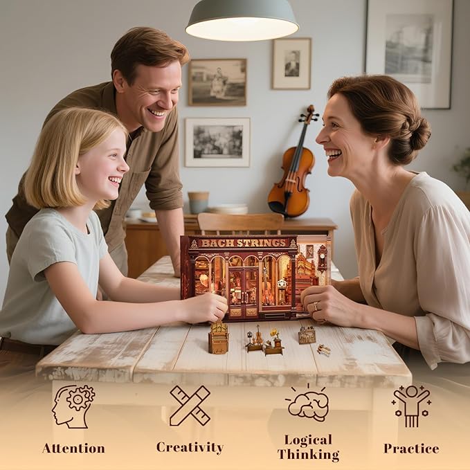 Fsolis Book Nook Kit - DIY Scene Miniature Dollhouse Kit for Adults, Shelf 3D Puzzles 285 pcs, Tiny House Mini Music Shop Model Booknook Craft Bookshelf Decor Gifts for Women (Bach Strings)