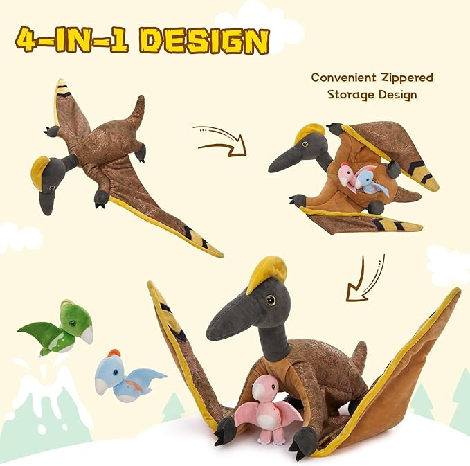 MaoGoLan Pterodactyl Plush Pteranodon Stuffed Animals for Kids, 37 inch Giant Plush Dinosaur Toy Large Pterosaur Mommy with Babies - Dino Squad Party Favors Decorations