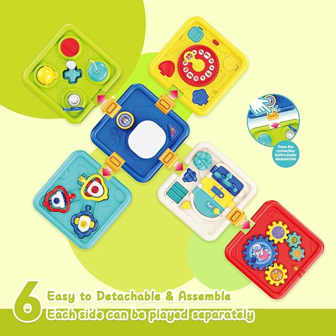 Busy Board for 1+ Year Old Girl & Boy Gifts, Montessori Toys for 1 2 3 4 Year Old Toddler, 6-in-1 Educational Early Development Toys for Toddlers 2-4, Christmas, Birthday Gift for 1-4 Year Old Kids