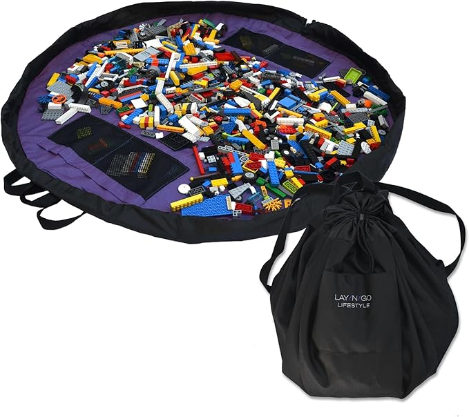 Lay-n-Go 2-in-1 Small Portable Drawstring Toys Storage Organizer and Play Mat for Room and Travel, Made for Kids and Toddlers with a Durable Patented Design