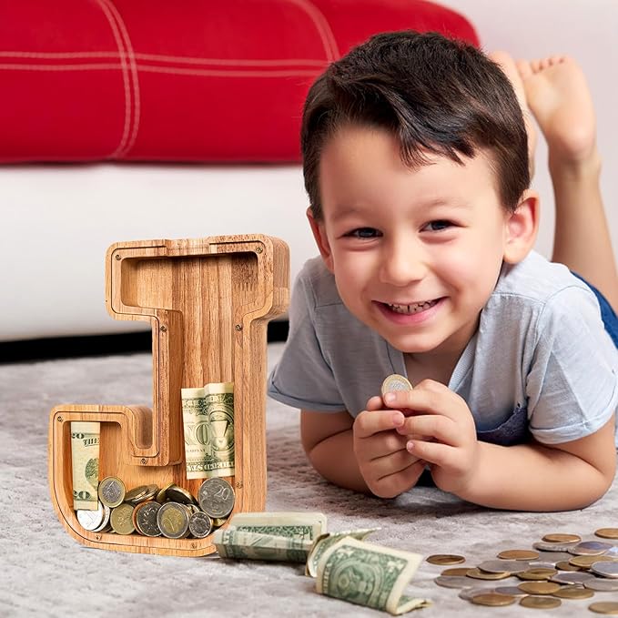 SummiDate Wooden Letter Piggy Bank| Piggy Bank for Boys Girls Toddler| Alphabet J Money Bank| Coin Bank Birthday Gift for Kids|Birthday Easter Gifts for Kids (J)