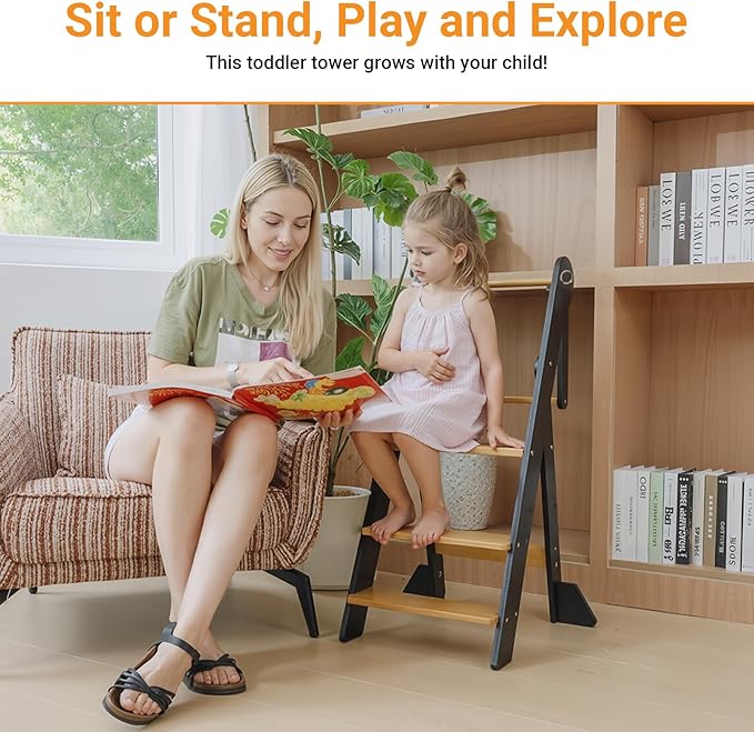 COSYLAND Foldable Toddler Kitchen Stool Helper - Height Adjustable Standing Tower for Bathroom Sink or Kitchen Counter - Step Stool for Toddlers Ages 18 Months to 6 Years Gray & Natural