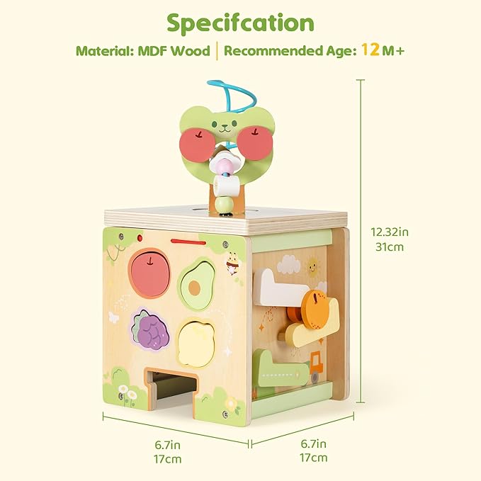 ROBOTIME Wooden Activity Cube with Bear Orchard Theme, 9-in-1 Montessori Toys for 12M+ Boys & Girls, Educational Learning Toys for Toddlers Age 1-3, 1st Birthday Gift