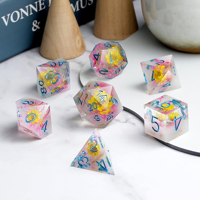 Resin DND Dice Set DNDND Handmade Flower Sharp Edge D&D Die with Gift Case for D&D Dungeons and Dragon Tabletop Games (Chrysanthemum)