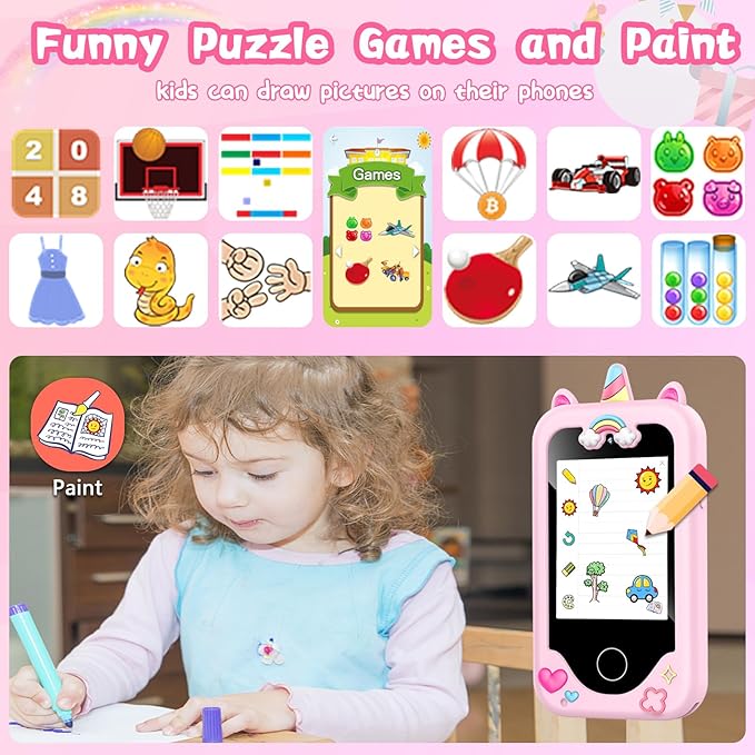 Kids Smart Phone with Dual Camera, Game & Music Player, Toddler Learning Play Toy Cell Phone, Gifts for Girls, Christmas, Birthday, Age 3-10, Light Pink