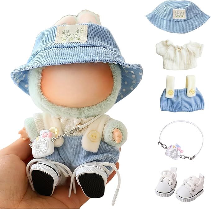 Clothes for Dolls Accessories (No Doll), Cute Outfit Set 5 Pieces Bib Pants for 15 & 17cm Doll Suit, Stylish Dress Up Overalls Doll Clothing Set Replacement with Hat Clothes Shoes Blue