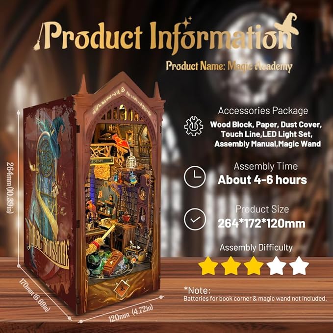 Book Nook Kit for Adults 3D Puzzle Miniature House Kit for Adults Craft Lovers Bookshelf Decor DIY Model Kit with LED Sensor Light-Magic Academy (SQ-38)