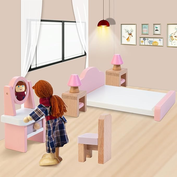 Kizfarm Wooden Dollhouse Furniture Set with 4 Family Dolls, 26 Pcs Pretend Play Dollhouse Accessories for 4 Rooms, Pink Furniture Toys Birthday Gifts for Girls Boys Age 3+