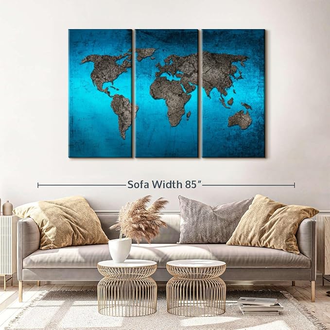 ElephantStock Ocean World Map Multi Piece Canvas - 3 Panel Wall Decor - Map of the World Art - Canvas for the Office and Home - 65" X 42"