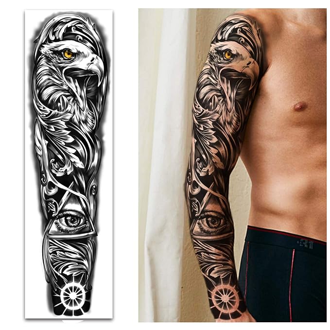 Full Arm Temporary Tattoos 8 Sheets and Half Arm Shoulder Waterproof Tattoos 8 Sheets, Extra Large Tattoo Stickers for Men and Women (22.83"X7.1")
