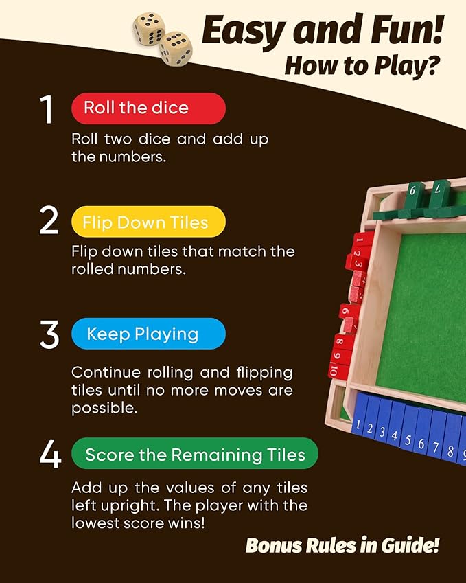 Deluxe 2-8 Player Original Shut The Box Game, Math Dice Board Game for Family Night Classroom Travel, Wooden Classic Table for Group Kid Adult Senior Travel Party Bar Easy Quick and Fun